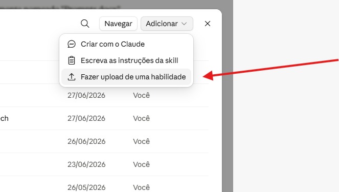 Tela de habilidades do Claude, destacando o botão Adicionar e a opção Fazer upload de uma habilidade